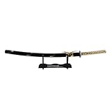 Handmade Real Full Tang Japanese Samurai Katana Sword Forged Clay Tempered 1095 Steel with Silver Tsuba Golden Color Sageo Cord Wrap Engraved Wood Scabbard (Display Stand Included)
