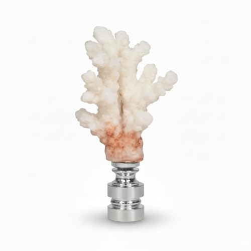 Image of Royal Designs, Inc. Sea Life Lamp Finial, Medium Coral, Two-Tone White, Polished Silver Base, Replacement Finial for Table or Floor Lamps, Set of 2