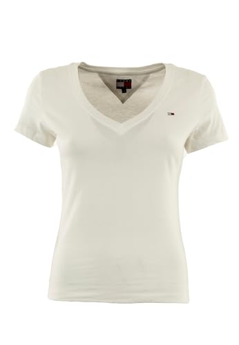 Tommy Jeans Donna T-Shirt Maniche Corte Slim con Scollo a V, Bianco (Ecru), XS