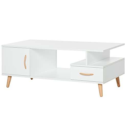 HOMCOM Table Basse rectangulaire Design scandinave 100L x 50l x 40H cm Niche + tiroir & Placard Bois Massif pin Panneaux Particules Blanc