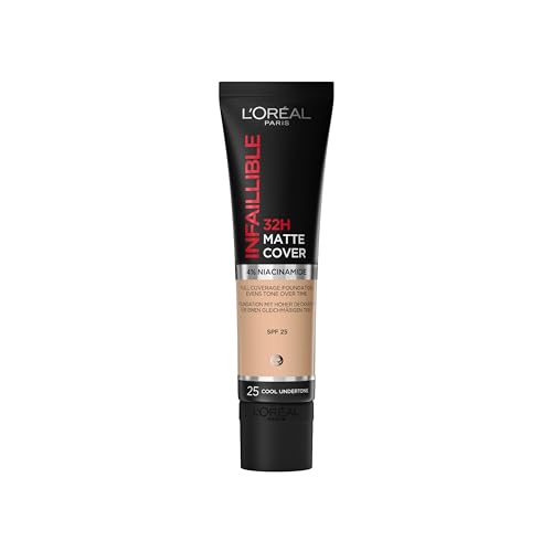 L'Oreal Paris Cover Liquid Foundation, With 4% Niacinamide, Long Lasting, Natural Finish, Available In 20 Shades, Spf 25, Infallible 32H Matte Cover, Shade 25, 30Ml