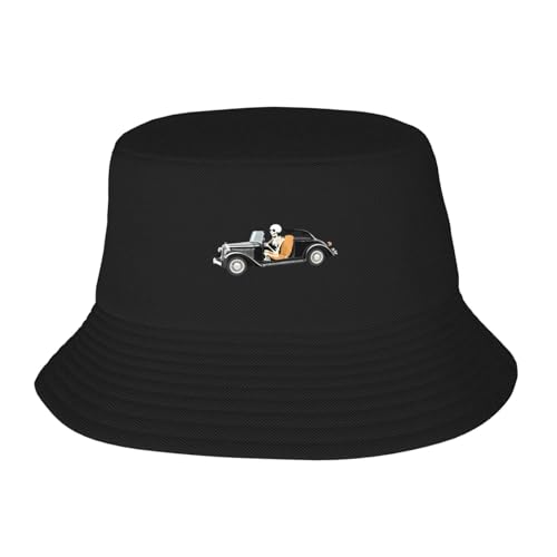 UDFKGLP Skeleton Riding in a car Pattern Adult Fisherman's Hat for Men and Women Foldable Headwear for Outdoor Activities Black
