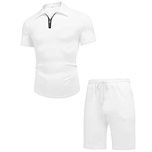 Seganup Mens Polo Shirt And Shorts Set Summer Outfit Fashion Casual Short Sleeve 2 Piece Zip Polo Tracksuit White M #TOP6