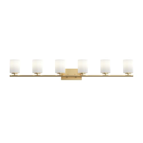 Image of Progress Lighting Replay 48 Inch 6-Light Vanity Light, Transitional, Brushed Gold with Etched Glass Shades, (7.875 inch H x 48 inch W x 6 inch D), P300385-191