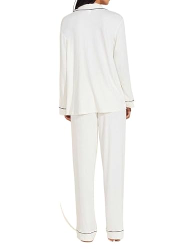 Men's Modal Thin Long Sleeve Sleepwear V Neck Lapels Button-Down Pajamas Set Casual Loungewear Two-Piece(White,Medium)4