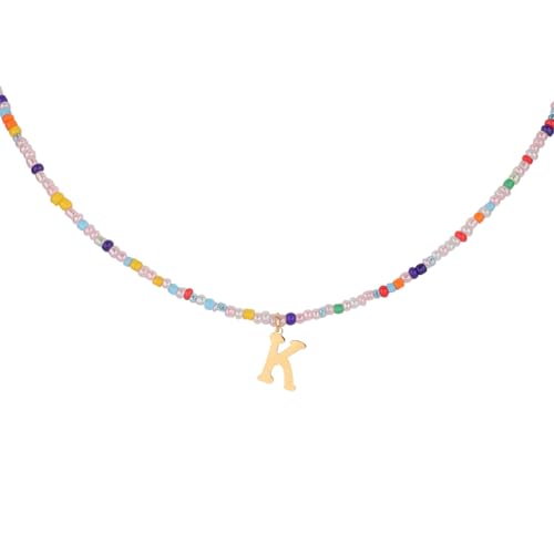 for Women Girls Letter PendantSummer Necklaces, Bohemian Beaded Necklace Colorful Beaded Initial Necklace Handmade Jewelry Gifts for Teens(K)