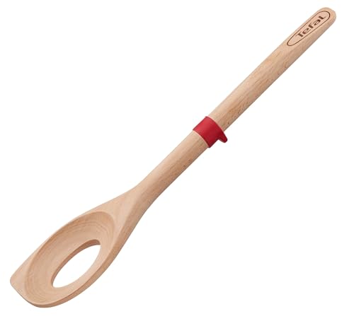 Tefal Ingenio Holz-Risotto-Löffel, Buchenholz, Silikon, praktischer rutschfester Sicherheitsring aus Silikon, geringe Wärmeleitung, Braun / Rot, 38.4 x 9.2 x 2.7 cm, K23085