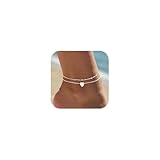 VIROMY Pulseras de tobillo para mujer, impermeables, chapadas en oro de 14 quilates, tobilleras de corazón para mujer, no se deslustran, delicada cadena de satélite, regalo de joyería de verano para