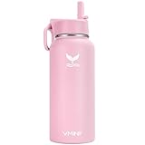 Vmini Water Bottle with New Wide Handle Straw Lid, Wide Mouth Vacuum Insulated 18/8 Stainless Steel, 32 oz, Pink Bottle & Lid