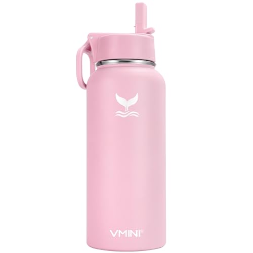 Vmini Water Bottle with New Wide Handle Straw Lid, Wide Mouth Vacuum Insulated 18/8 Stainless Steel, 32 oz, Pink Bottle & Lid