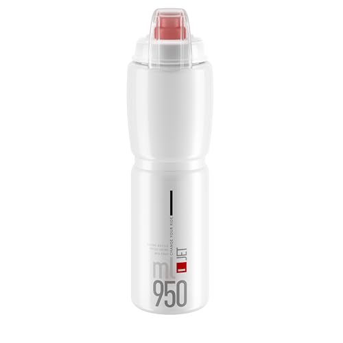 Elite Jet Plus Bidon Cyclisme 950ml Transparent Logo Rouge Biodégradable – Gourde Vélo Sans BPA Bouchon Protecteur – Pour Route VTT Gravel MTB