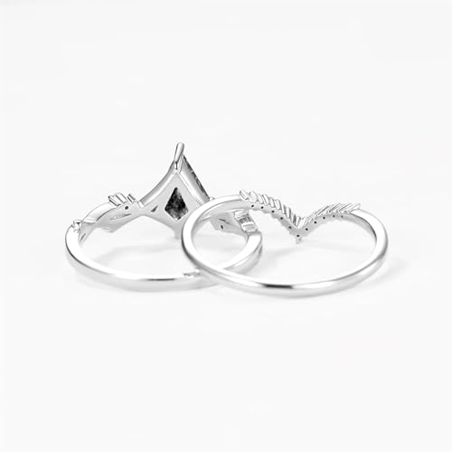 Engagement Ring Set 925 Sterling Silver 10K 14K 18K Gold Kite Cut Black Rutilated Quartz/Salt And Pepper Diamond Wedding Ring With Moissanite Engagement Ring Set For Women 2pcs4