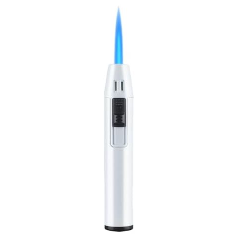 Mini Torch Lighter Windproof Jet Blue Flame Lighters Compact Portable with Gas Window Refillable Butane Torch for Candle Craft Outdoor BBQ Grill (Butane Not Included)(White) Cover