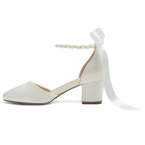 High Block Heel Wedding Closed Toe Sandals for Bride Pearl Bow Ankle Strap Women Chunky Heels Sandal Round Toe Satin Bridal Shoes4