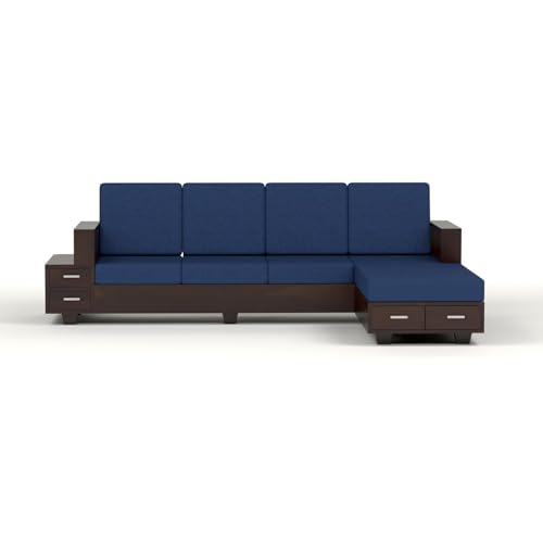 Image of Sheesham Wood 6 Seater L Shape Sofa Set with Storage Drawers and 40 Density Cushion | Solid Wooden Corner Sofa with Navy Blue Fabric Upholstery for Living Room
