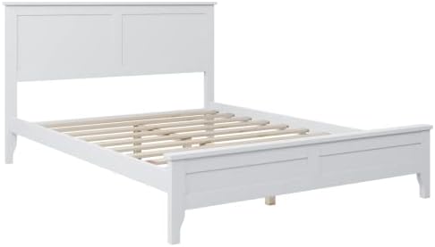 Miniatura 7 de Base de cama de tamaño matrimonial con cabecero y estribo, cama de plataforma de madera maciza blanca de estilo conciso moderno para niños,