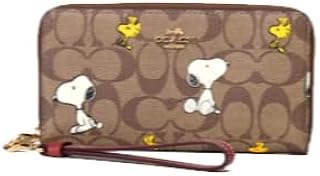 レディース財布レザー 長財布スヌーピープリントシグネチャー ピーナッツ コラボ スヌーピー ウッドストック プリント リストレット ロング ジップ アラウンド (CE705) [並行輸入品]