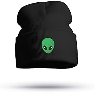 Black Graphic Beanie Hat for Men Women Winter Knit Cuffed Embroidery Skull Cap