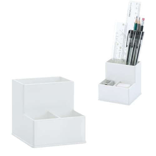 Image of White Pencil Holder for Desk | 3 Compartment Organizer Square Pencil Holder | Sharp and Dull Pencil Holders for Office, Meeting Room, Reception | Office Desk Accessories Organization and Storage