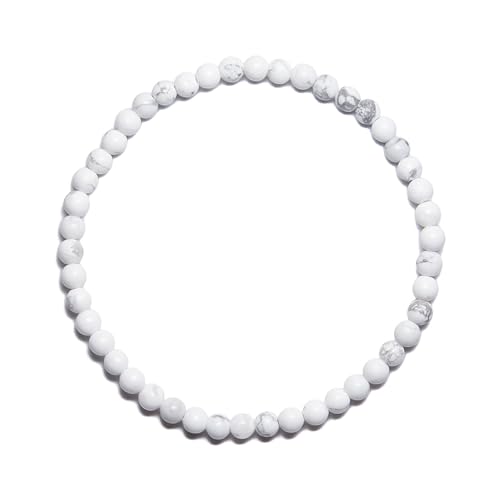 BANANE LAB White Howlite Beaded Bracelet - 4mm Real Natural Gemstone Beads for Women Men - Sleep Anxiety Jewelry Gift for Her Him - Fits 6.75 Wrist