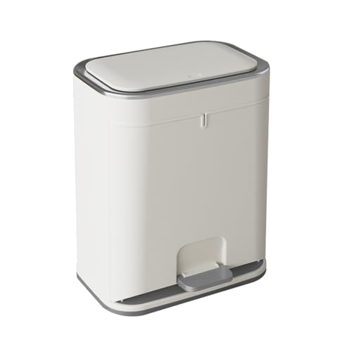 Image of Bathroom Trash Can with Lid, Plastic 3 Gallon Garbage can with Press top Lid, Gold Step Pedal Trash can, Narrow White Trash bin for Kitchen, Bathroom, Bedroom, Living Room, Office, Dog Proof Trash Can