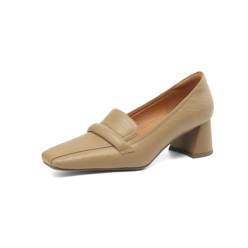 TinaCus Women's Genuine Leather Classic Square Toe Handmade Low Chunky Heel Loafers Pumps Shoes