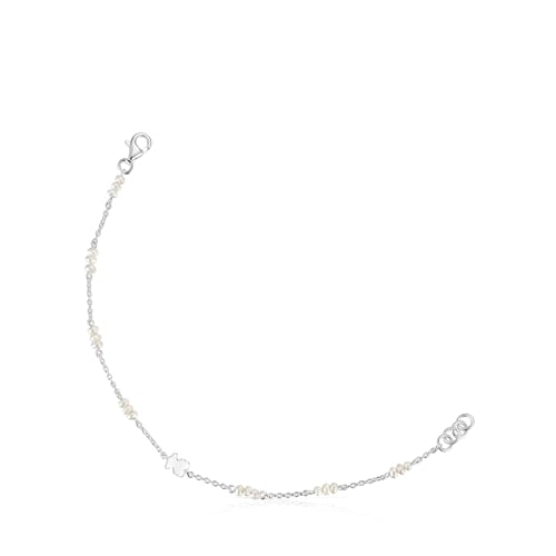 TOUS Pulsera de Plata de Primera Ley para Mujer con Oso de 6mm y Perlas, 17,5 cm de Largo y Cierre Mosquetón, Colección Sweet Dolls