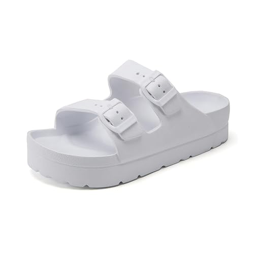 Women Cloud Slides with Arch Support Pillow Soft Adjustable Buckle Platform Sandals Lightweight Summer Beach Slippers Non-Slip Shower Shoes Khaki