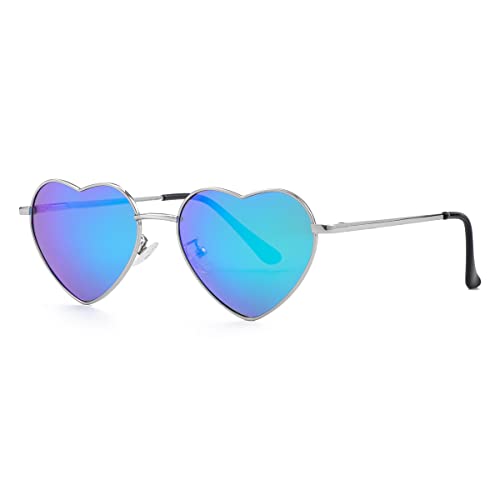 Gleyemor Polarized Heart Shaped Sunglasses for Women Metal Frame Cute Lovely Glasses 100% UV Protection, 09 Silver/Green Mirror, lenswidth