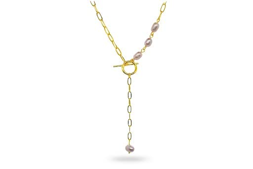 Natural Freshwater Baroque Pearl Necklace with Gold Plated Martinee Chain for Women, Trendy Jewelry Gifts for Her, Anniversary and Birthday Gifts for Wife and Girlfriend