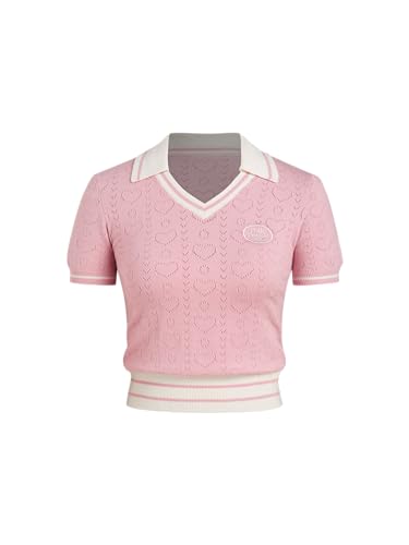 CIDER X Polly Pocket - Women's Pink Knit Polo Shirt Short Sleeve Cute Heart Design Top