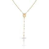 MPRAINBOW Collier Chapelet Y Femme   Pendentif Croix et Vierge Marie   Chaîne Perles Médaille Miraculeuse   Bijou Religieux Cadeau (Plaqué Or, 55+5cm)