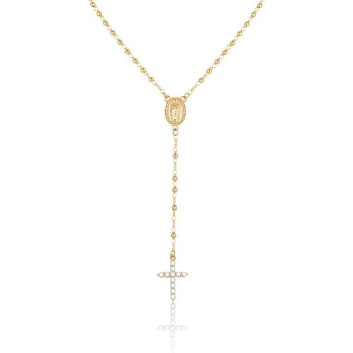 MPRAINBOW Damen Y Kette Vergoldet Rosenkranz Kreuz – Maria Medaille Zirkonia Edelstahl Verstellbar Religiöser Schmuck Geschenkidee für Ostern Taufe Kommunion Firmung Geburtstag 45cm