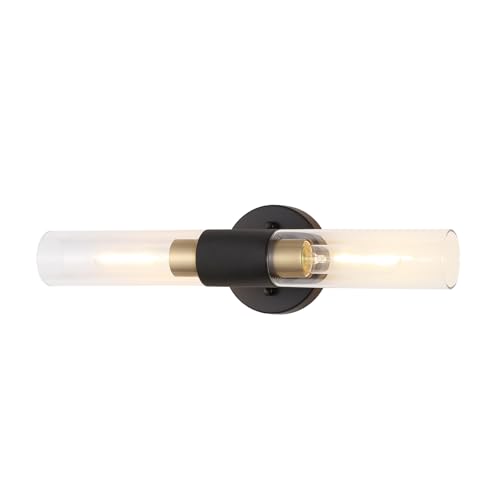 Image of BYOLIIMA Modern Knurled Texture Wall Sconce Clear Glass Shade Modern Gold Black Bathroom Vanity Light Fixtures 2-Lights Mid Century Wall Light for Mirror Living Room Hallway E26 T10 Bulbs(Excluded)