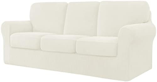 CHUN YI 7 Piece Stretch Sofa Covers for 3 Cushion Couch Covers, 3 Seater Couch Slipcover with 3 Separate Backrests and Cushions with Elastic Band, Checks Spandex Jacquard Fabric(Large,Ivory White)