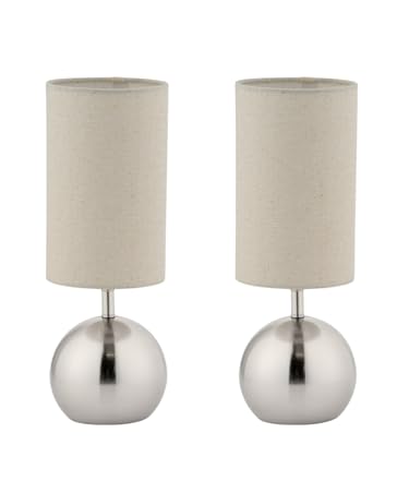 Lighting Supermarket Pair of Bedford Modern Brushed Metal Ball Small Touch Control Table Lamps with Natural Linen Shades - Silver