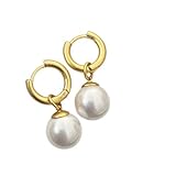 Elegantes pendientes de aro de perlas de gran tamaño para mujeres, aros gruesos chapados en oro de 14 quilates con gran gota de perla, estética francesa vintage para aniversario cumpleaños, 2,9 cm