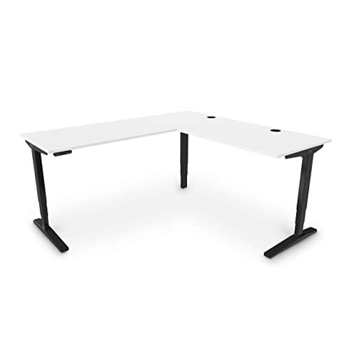 Uplift Desk Uplift Standing Desk White Laminate (80X60X30X27) V2 3-Leg L-Shaped Height Adjustable Frame(Black) Flush Memory Keypad, Grommets (Black), Rocker-X Board #TOP5
