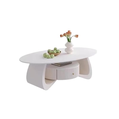 WFchenj222-6 Mesa de Centro, Mesa de Centro de losa de Roca for Sala de Estar, Mesa Ovalada pequeña for el hogar, Ahorra Espacio Mesa Auxiliar(Blanco,Grande)