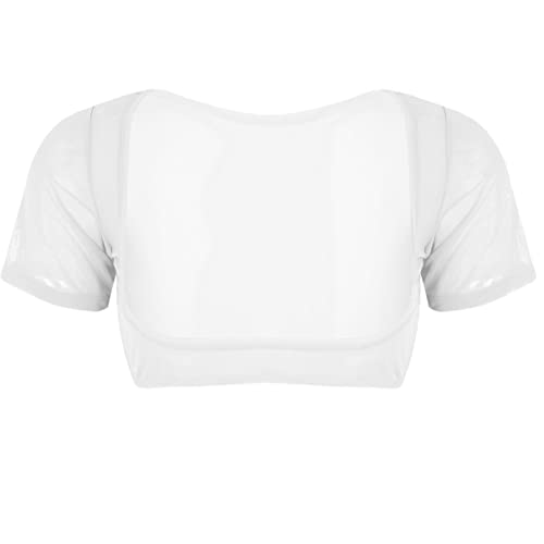 TiaoBug Damen Mesh Crop Top Kurzarm Unterhemd Bauchfreies Oberteil Basic Transparent Unterwäsche Shirts Ouvert Dessous Reizvoll Weiß One Size