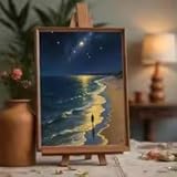 Impresión artística de paseo por la playa con estrellas de noche, paisaje marino luminoso, decoración de pared, olas doradas y costa, póster en lienzo para decor hogar (40 x 60 cm/marco interior)