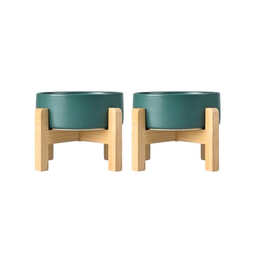 SPUNKYJUNKY Set di ciotole per cani rialzate in ceramica con supporto in bambù per cani e gatti (400 ml, verde)