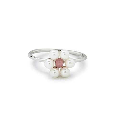 Pura Vida Silver Plated Bitty Pearl Flower Ring W/Glass Pearls & Gemstones - Brass Base, Rhodium Plating - Size 7 #TOP27