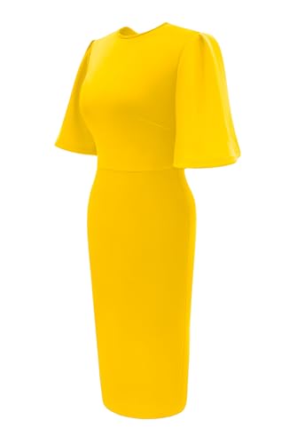 Image of Memoriesea Women's Basic Bodycon Ruffle Flared Short Sleeve Pencil Midi Dress