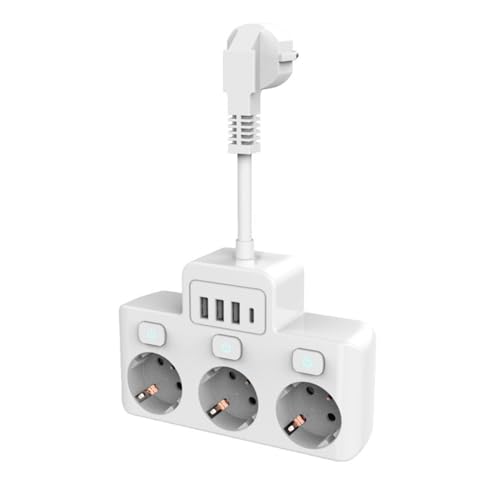 Multipresa di Protezione, Spina Antifurto Interruttore, Multipresa 3 Porte, Base Connettori Multipli, Sovratensione con USB - USB C, 220-250V, Singola, Adattatore, Tripla, Murale, Bianco.