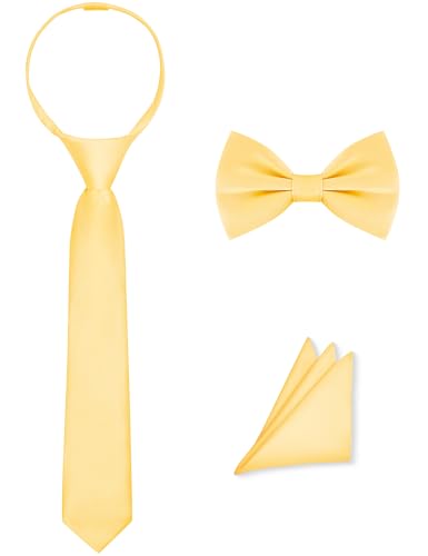 AmazingSea Boys Tie & Bow Tie Set, Gold with Pre-tied Necktie Zipper Adjustable with Pocket Square for Wedding Graduation Party Christmas(Gold, Teen)