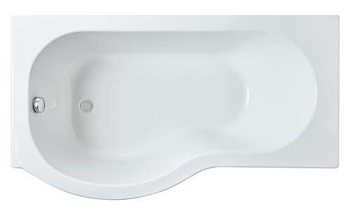 Balterley 1500 x 850mm P Shape Shower Bath with Legs, Single Ended Gloss White Soaking Shower Bath, Acrylic Baths for Bathrooms, Left Hand Round with Wider End, Adjustable Leg Set (White)
