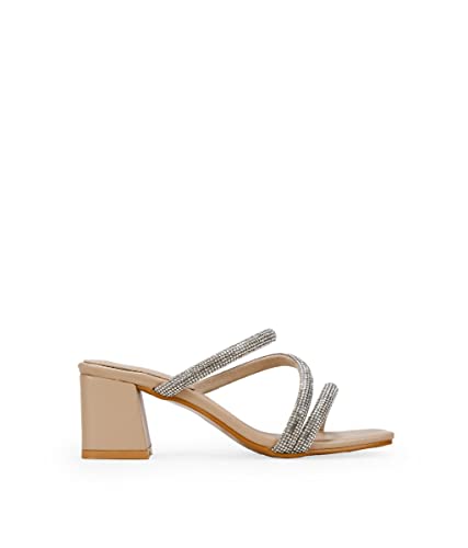BOSANOVA Sandalias Estilo 'Mule' compuestas por Tres Tiras al Empeine con Detalle de Brillantes y tacón Cuadrado Ancho. Sin Cierre. Calzado para Mujer Beige 40