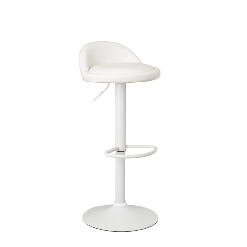 LOLAhome Taburete de Cocina Giratorio en 360°, Silla de Bar Regulable en Altura de 72 a 92 cm, con Respaldo de Polipiel, Estructura Metal Blanca y Reposapiés, Blanco