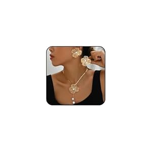 Rrdaily Boho Ginkgo Leaf Pearls Statement Jewelry Set for Women, Dainty Large Leaves Drop Earrings Big Plant Leaf Flowers Pendant Y Necklace Accessories